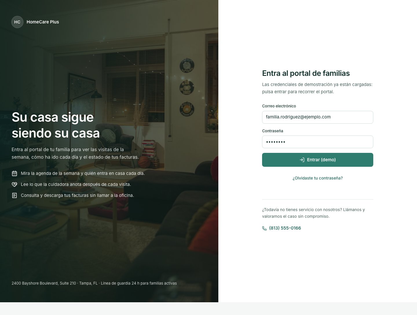 Vista de referencia de HomeCare Client Portal